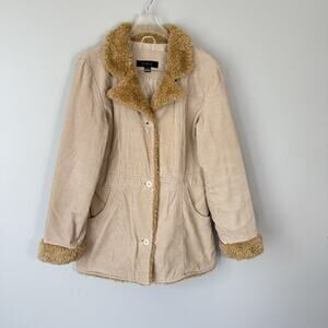 VTG Coat Jacket Womens M Tan Corduroy Penny Lane Y2K Retro Boho Faux Fur Trim